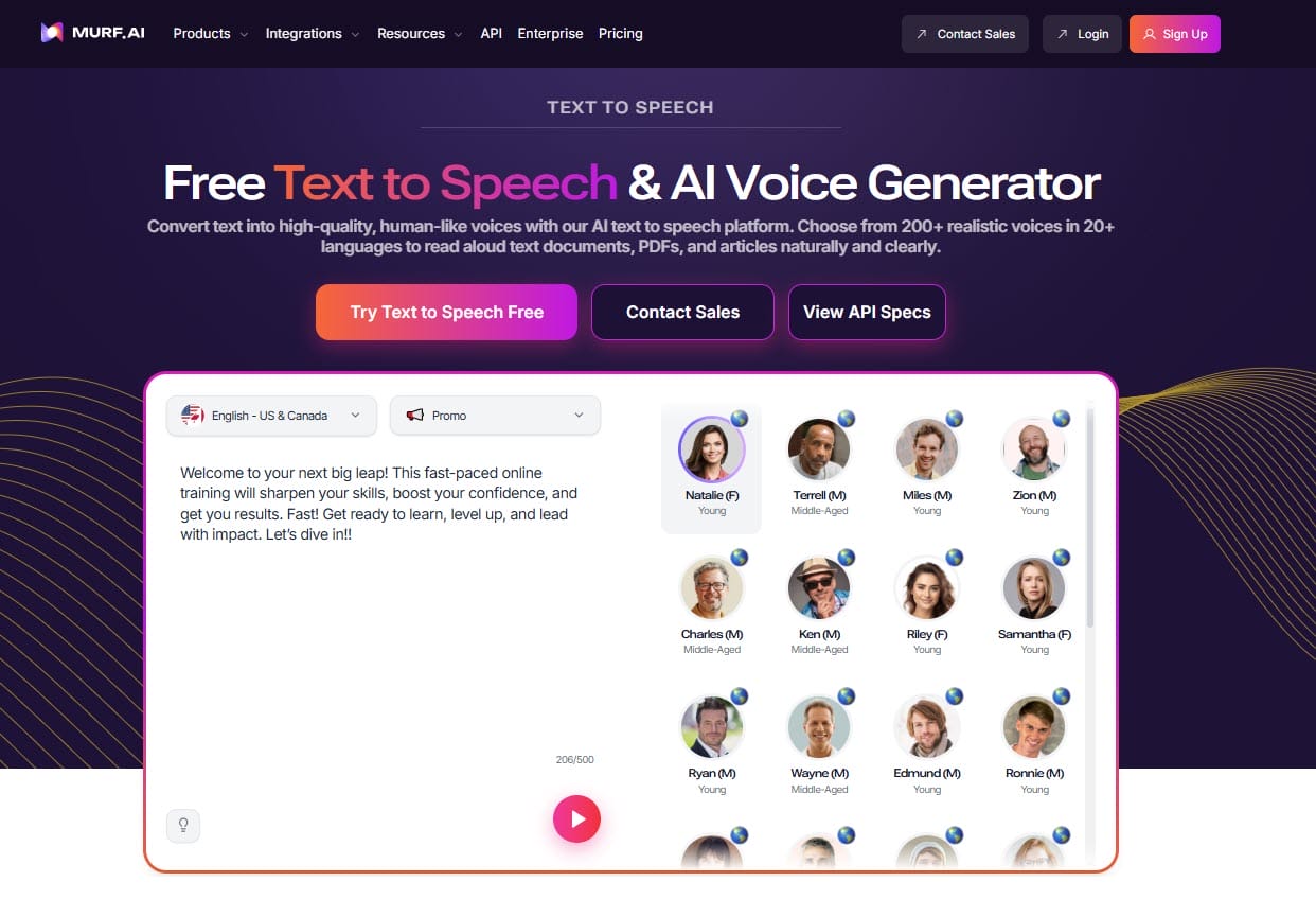 Screenshot of Murf AI homepage featuring text-to-speech and voice generator interface with a Create Project button